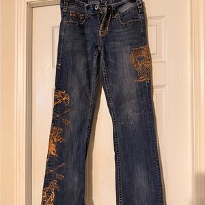 Cowgirl Tuff Blue and Orange Boot Cut Jeans